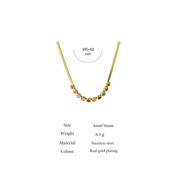 New 18K Gold Plated Multi Color Rainbow Colorful Gemstone Herringbone Necklace - Picture 7 of 7